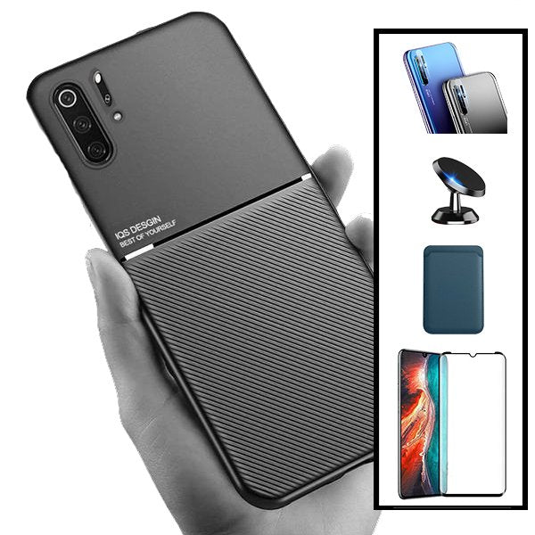 Kit Capa Magnetic Lux + Magnetic Wallet Azul + 5D Full Cover + Película de Câmara Traseira + Suporte Magnético de Carro para Huawei P30 Pro New Edition