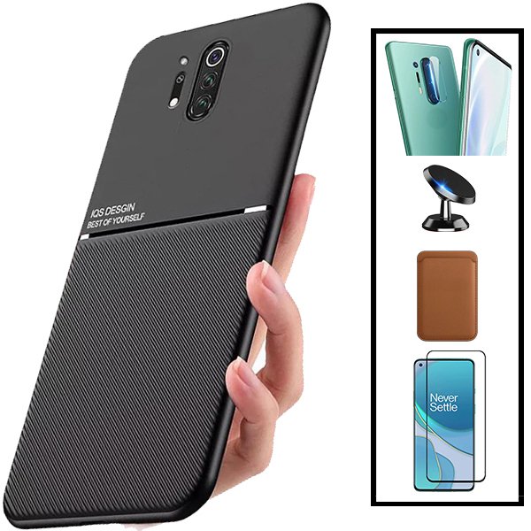 Kit Capa Magnetic Lux + Magnetic Wallet Castanho + 5D Full Cover + Película de Câmara Traseira + Suporte Magnético de Carro para OnePlus 8 Pro