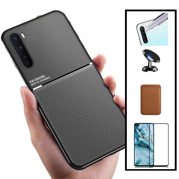 Kit Capa Magnetic Lux + Magnetic Wallet Castanho + 5D Full Cover + Película de Câmara Traseira + Suporte Magnético de Carro para Oppo A91