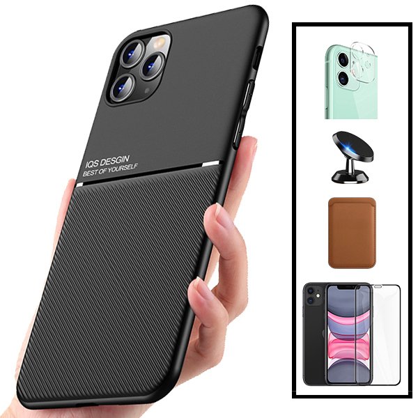 Kit Capa Magnetic Lux + Magnetic Wallet Castanho + 5D Full Cover + Película de Câmara Traseira + Suporte Magnético de Carro para Apple iPhone 12