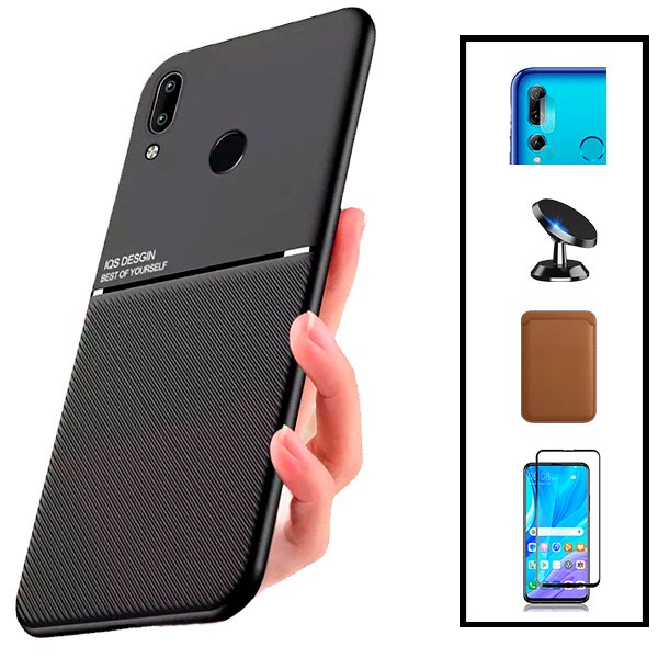 Kit Capa Magnetic Lux + Magnetic Wallet Castanho + 5D Full Cover + Película de Câmara Traseira + Suporte Magnético de Carro para Huawei P Smart + Plus 2019