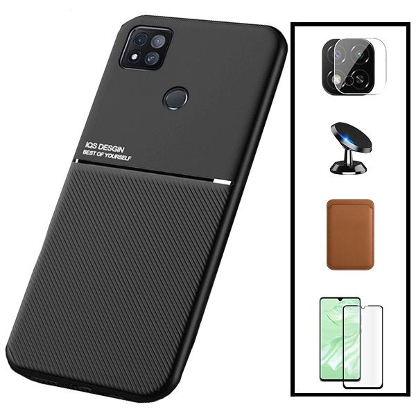 Kit Capa Magnetic Lux + Magnetic Wallet Castanho + 5D Full Cover + Película de Câmara Traseira + Suporte Magnético de Carro para Xiaomi Poco C31