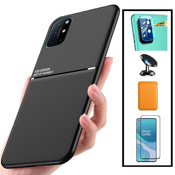 Kit Capa Magnetic Lux + Magnetic Wallet Laranja + 5D Full Cover + Película de Câmara Traseira + Suporte Magnético de Carro para OnePlus 8T