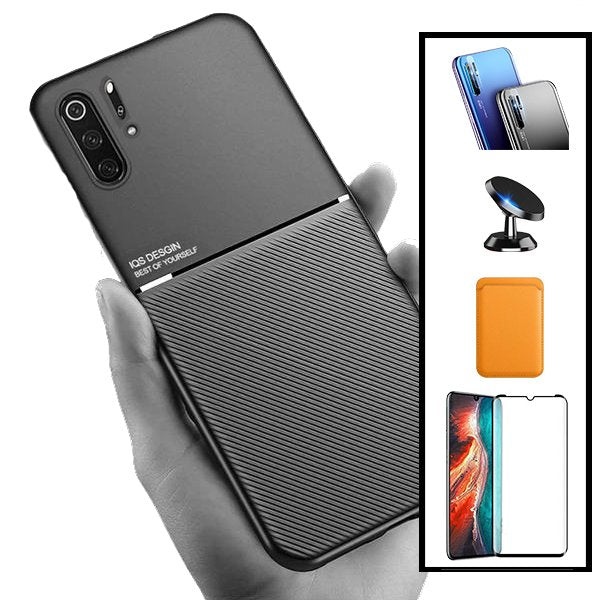 Kit Capa Magnetic Lux + Magnetic Wallet Laranja + 5D Full Cover + Película de Câmara Traseira + Suporte Magnético de Carro para Huawei P30 Pro