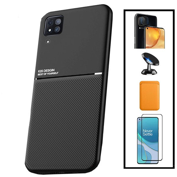 Kit Capa Magnetic Lux + Magnetic Wallet Laranja + 5D Full Cover + Película de Câmara Traseira + Suporte Magnético de Carro para Huawei P40 Lite