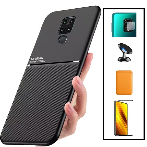 Kit Capa Magnetic Lux + Magnetic Wallet Laranja + 5D Full Cover + Película de Câmara Traseira + Suporte Magnético de Carro para Xiaomi Redmi Note 9