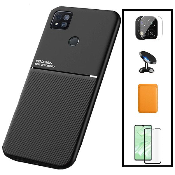 Kit Capa Magnetic Lux + Magnetic Wallet Laranja + 5D Full Cover + Película de Câmara Traseira + Suporte Magnético de Carro para Xiaomi Poco C31