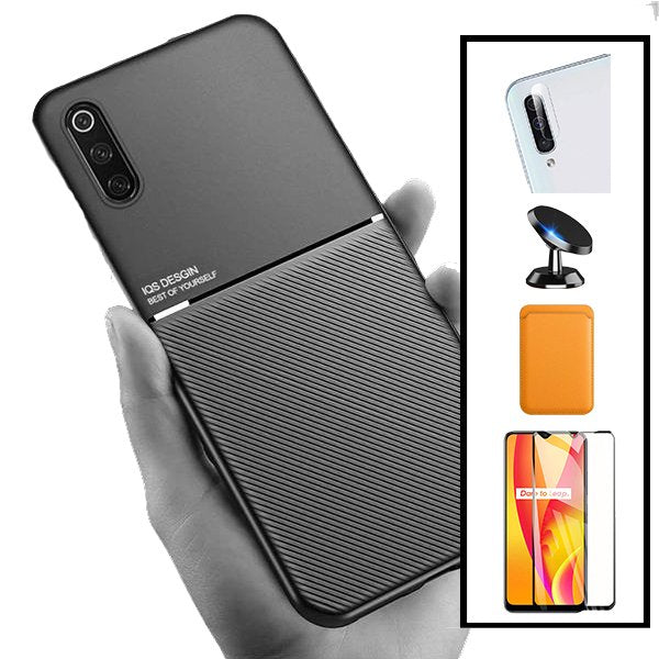 Kit Capa Magnetic Lux + Magnetic Wallet Laranja + 5D Full Cover + Película de Câmara Traseira + Suporte Magnético de Carro para Samsung Galaxy A50