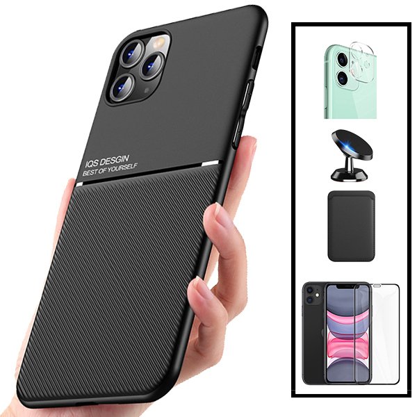 Kit Capa Magnetic Lux + Magnetic Wallet Preto + 5D Full Cover + Película de Câmara Traseira + Suporte Magnético de Carro para Xiaomi Mi 11 Lite