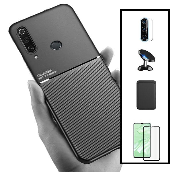 Kit Capa Magnetic Lux + Magnetic Wallet Preto + 5D Full Cover + Película de Câmara Traseira + Suporte Magnético de Carro para Huawei P30 Lite