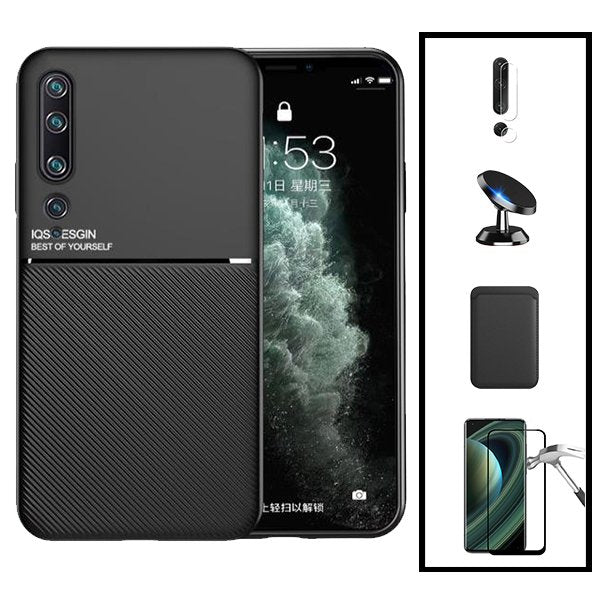 Kit Capa Magnetic Lux + Magnetic Wallet Preto + 5D Full Cover + Película de Câmara Traseira + Suporte Magnético de Carro para Xiaomi Mi Note 10