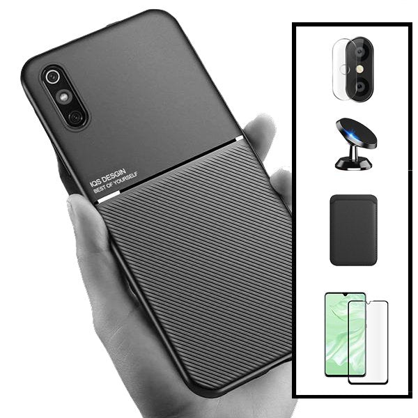 Kit Capa Magnetic Lux + Magnetic Wallet Preto + 5D Full Cover + Película de Câmara Traseira + Suporte Magnético de Carro para Xiaomi Redmi 9A Sport