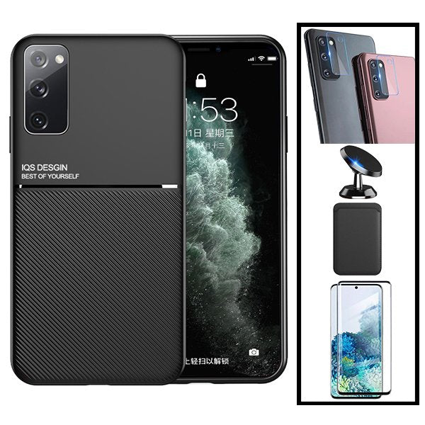 Kit Capa Magnetic Lux + Magnetic Wallet Preto + 5D Full Cover + Película de Câmara Traseira + Suporte Magnético de Carro para Samsung Galaxy S20 FE
