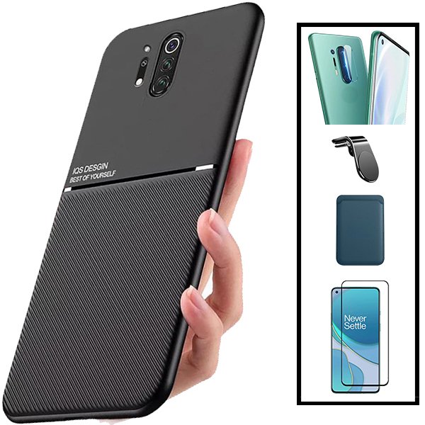 Kit Capa Magnetic Lux + Magnetic Wallet Azul + 5D Full Cover + Película de Câmara Traseira + Suporte Magnético L Safe Driving para OnePlus 8 Pro
