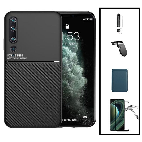 Kit Capa Magnetic Lux + Magnetic Wallet Azul + 5D Full Cover + Película de Câmara Traseira + Suporte Magnético L Safe Driving para Xiaomi Mi 10 Pro 5G