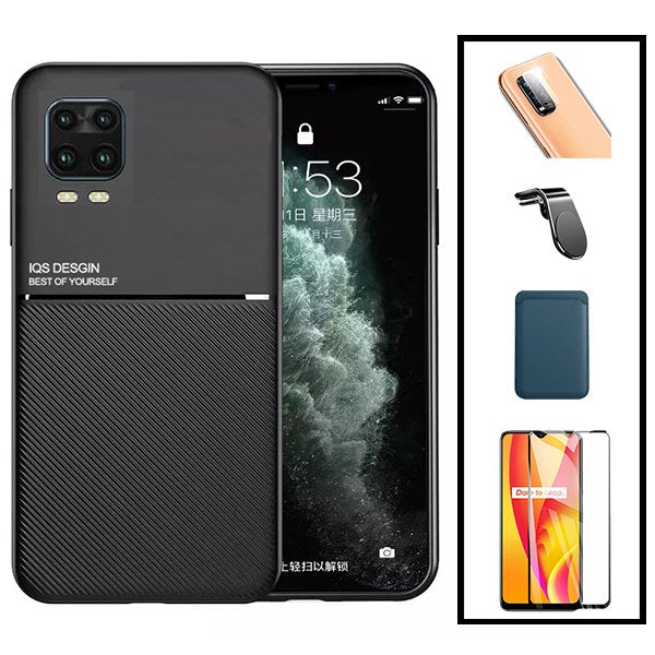 Kit Capa Magnetic Lux + Magnetic Wallet Azul + 5D Full Cover + Película de Câmara Traseira + Suporte Magnético L Safe Driving para Xiaomi Mi 10 Lite 5G
