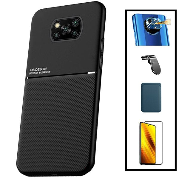 Kit Capa Magnetic Lux + Magnetic Wallet Azul + 5D Full Cover + Película de Câmara Traseira + Suporte Magnético L Safe Driving para Xiaomi Poco X3 NFC