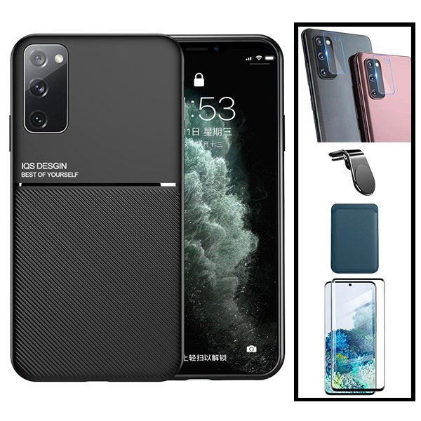 Kit Capa Magnetic Lux + Magnetic Wallet Azul + 5D Full Cover + Película de Câmara Traseira + Suporte Magnético L Safe Driving para Samsung Galaxy Note 20 Ultra