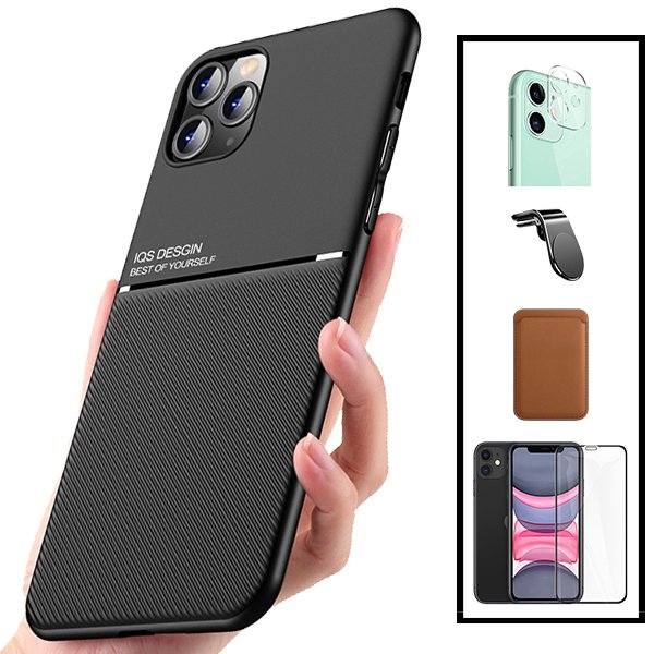 Kit Capa Magnetic Lux + Magnetic Wallet Castanho + 5D Full Cover + Película de Câmara Traseira + Suporte Magnético L Safe Driving para Apple iPhone 13