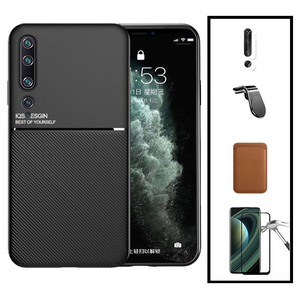 Kit Capa Magnetic Lux + Magnetic Wallet Castanho + 5D Full Cover + Película de Câmara Traseira + Suporte Magnético L Safe Driving para Xiaomi Mi 10 Pro 5G