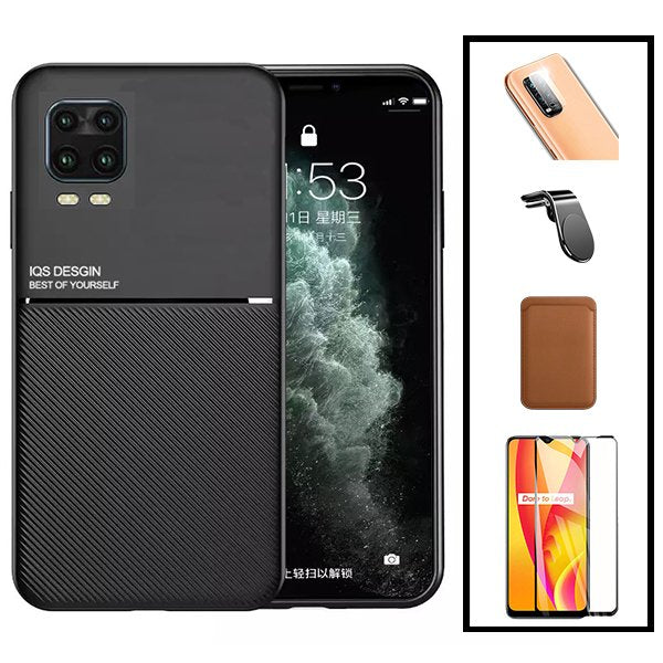 Kit Capa Magnetic Lux + Magnetic Wallet Castanho + 5D Full Cover + Película de Câmara Traseira + Suporte Magnético L Safe Driving para Xiaomi Mi 10 Lite Zoom