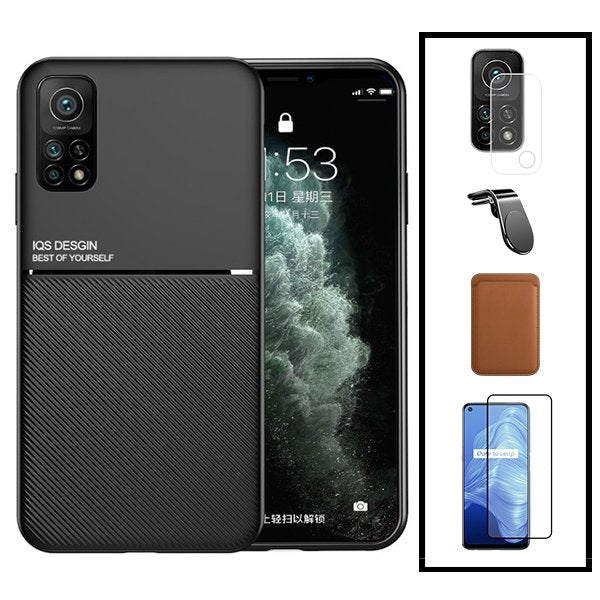 Kit Capa Magnetic Lux + Magnetic Wallet Castanho + 5D Full Cover + Película de Câmara Traseira + Suporte Magnético L Safe Driving para Xiaomi Mi 10T 5G