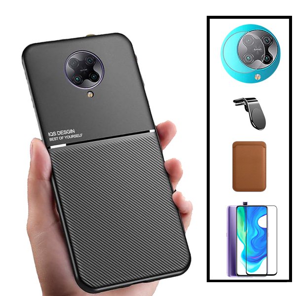Kit Capa Magnetic Lux + Magnetic Wallet Castanho + 5D Full Cover + Película de Câmara Traseira + Suporte Magnético L Safe Driving para Xiaomi Redmi K30 Ultra
