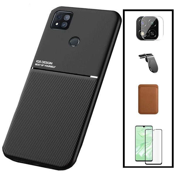 Kit Capa Magnetic Lux + Magnetic Wallet Castanho + 5D Full Cover + Película de Câmara Traseira + Suporte Magnético L Safe Driving para Xiaomi Redmi 9 Activ