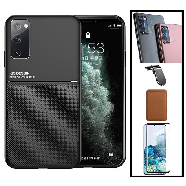 Kit Capa Magnetic Lux + Magnetic Wallet Castanho + 5D Full Cover + Película de Câmara Traseira + Suporte Magnético L Safe Driving para Samsung Galaxy S20+