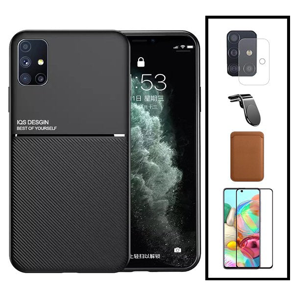 Kit Capa Magnetic Lux + Magnetic Wallet Castanho + 5D Full Cover + Película de Câmara Traseira + Suporte Magnético L Safe Driving para Samsung Galaxy A71 5G