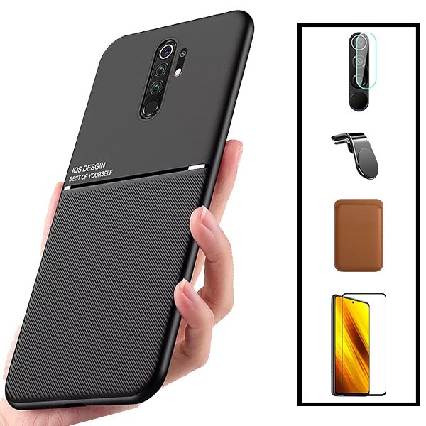Kit Capa Magnetic Lux + Magnetic Wallet Castanho + 5D Full Cover + Película de Câmara Traseira + Suporte Magnético L Safe Driving para Xiaomi Redmi 9