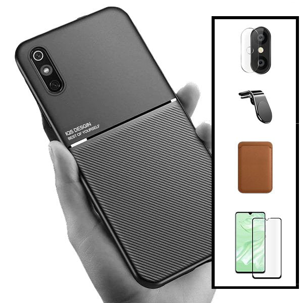 Kit Capa Magnetic Lux + Magnetic Wallet Castanho + 5D Full Cover + Película de Câmara Traseira + Suporte Magnético L Safe Driving para Xiaomi Redmi 9A Sport