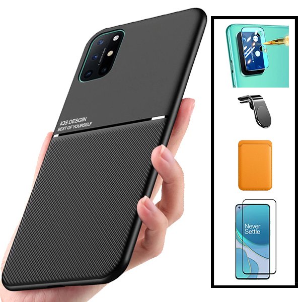 Kit Capa Magnetic Lux + Magnetic Wallet Laranja + 5D Full Cover + Película de Câmara Traseira + Suporte Magnético L Safe Driving para OnePlus 8T