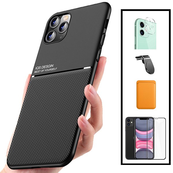 Kit Capa Magnetic Lux + Magnetic Wallet Laranja + 5D Full Cover + Película de Câmara Traseira + Suporte Magnético L Safe Driving para Apple iPhone 13 Mini