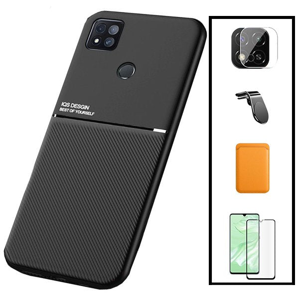 Kit Capa Magnetic Lux + Magnetic Wallet Laranja + 5D Full Cover + Película de Câmara Traseira + Suporte Magnético L Safe Driving para Xiaomi Poco C31
