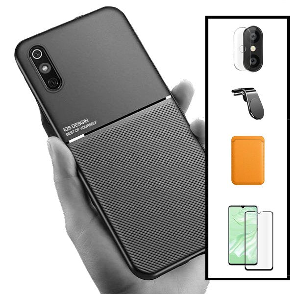 Kit Capa Magnetic Lux + Magnetic Wallet Laranja + 5D Full Cover + Película de Câmara Traseira + Suporte Magnético L Safe Driving para Xiaomi Redmi 9A Sport