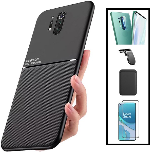 Kit Capa Magnetic Lux + Magnetic Wallet Preto + 5D Full Cover + Película de Câmara Traseira + Suporte Magnético L Safe Driving para OnePlus 8 Pro