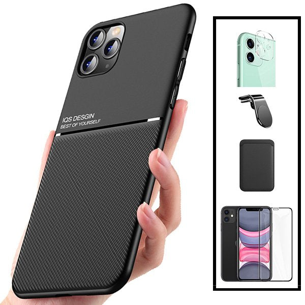 Kit Capa Magnetic Lux + Magnetic Wallet Preto + 5D Full Cover + Película de Câmara Traseira + Suporte Magnético L Safe Driving para Apple iPhone 12 Pro Max