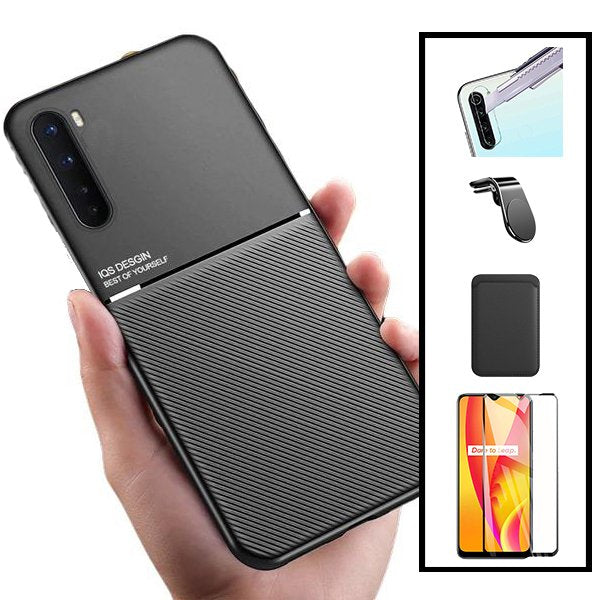 Kit Capa Magnetic Lux + Magnetic Wallet Preto + 5D Full Cover + Película de Câmara Traseira + Suporte Magnético L Safe Driving para Realme 6 Pro