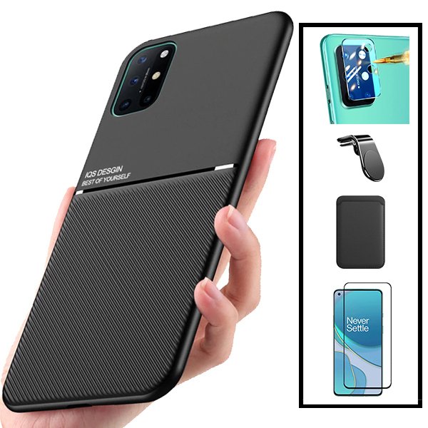 Kit Capa Magnetic Lux + Magnetic Wallet Preto + 5D Full Cover + Película de Câmara Traseira + Suporte Magnético L Safe Driving para OnePlus 8T+ 5G