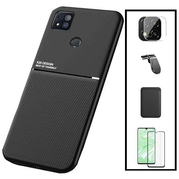 Kit Capa Magnetic Lux + Magnetic Wallet Preto + 5D Full Cover + Película de Câmara Traseira + Suporte Magnético L Safe Driving para Xiaomi Redmi 9 Activ