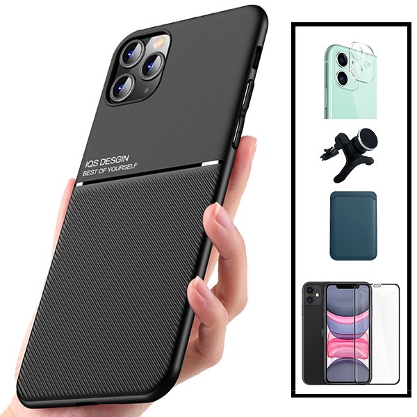 Kit Capa Magnetic Lux + Magnetic Wallet Azul + 5D Full Cover + Película de Câmara Traseira + Suporte Magnético de Carro Reforçado para Apple iPhone 12 Pro