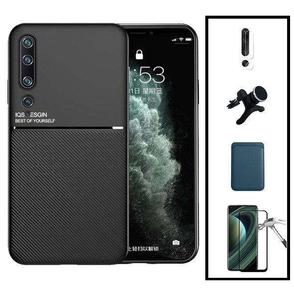 Kit Capa Magnetic Lux + Magnetic Wallet Azul + 5D Full Cover + Película de Câmara Traseira + Suporte Magnético de Carro Reforçado para Xiaomi Mi 10 Ultra