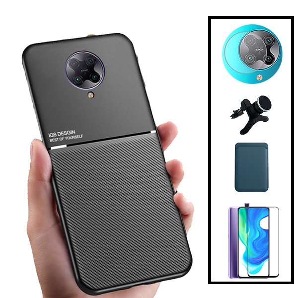 Kit Capa Magnetic Lux + Magnetic Wallet Azul + 5D Full Cover + Película de Câmara Traseira + Suporte Magnético de Carro Reforçado para Xiaomi Redmi K30 Ultra