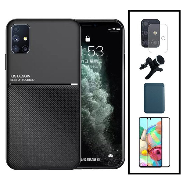 Kit Capa Magnetic Lux + Magnetic Wallet Azul + 5D Full Cover + Película de Câmara Traseira + Suporte Magnético de Carro Reforçado para Samsung Galaxy A71 5G UW