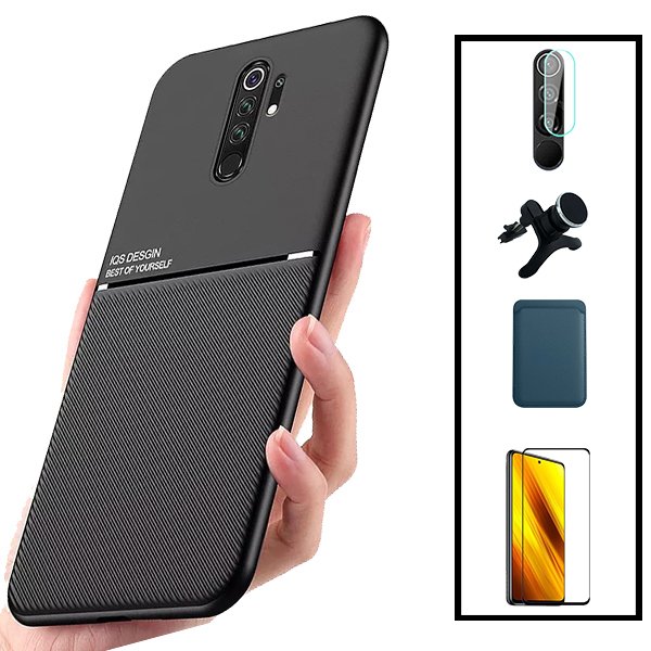 Kit Capa Magnetic Lux + Magnetic Wallet Azul + 5D Full Cover + Película de Câmara Traseira + Suporte Magnético de Carro Reforçado para Xiaomi Redmi 9