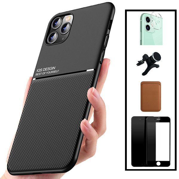 Kit Capa Magnetic Lux + Magnetic Wallet Castanho + 5D Full Cover + Película de Câmara Traseira + Suporte Magnético de Carro Reforçado para Apple iPhone 7 / 8 / SE 2020 / SE 2022