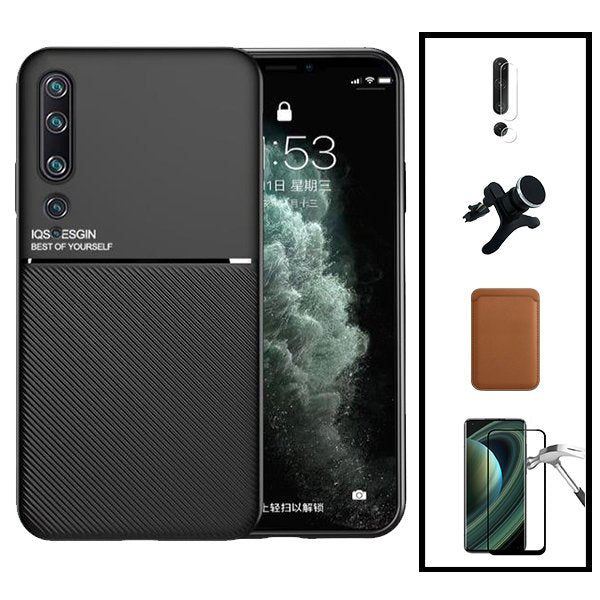 Kit Capa Magnetic Lux + Magnetic Wallet Castanho + 5D Full Cover + Película de Câmara Traseira + Suporte Magnético de Carro Reforçado para Xiaomi Mi 10 5G