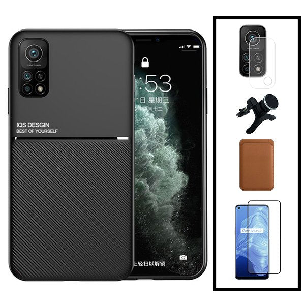 Kit Capa Magnetic Lux + Magnetic Wallet Castanho + 5D Full Cover + Película de Câmara Traseira + Suporte Magnético de Carro Reforçado para Xiaomi Mi 10T Pro 5G