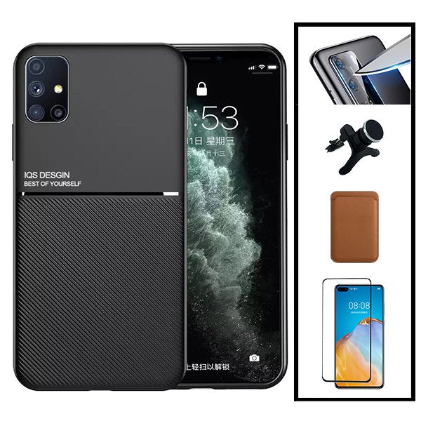 Kit Capa Magnetic Lux + Magnetic Wallet Castanho + 5D Full Cover + Película de Câmara Traseira + Suporte Magnético de Carro Reforçado para Huawei P40 Pro